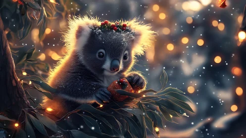Koala cub crowns winter bokeh with cozy holiday sparkle.