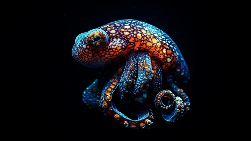 Bioluminescent-style octopus rendered with high-contrast chromatic detailing