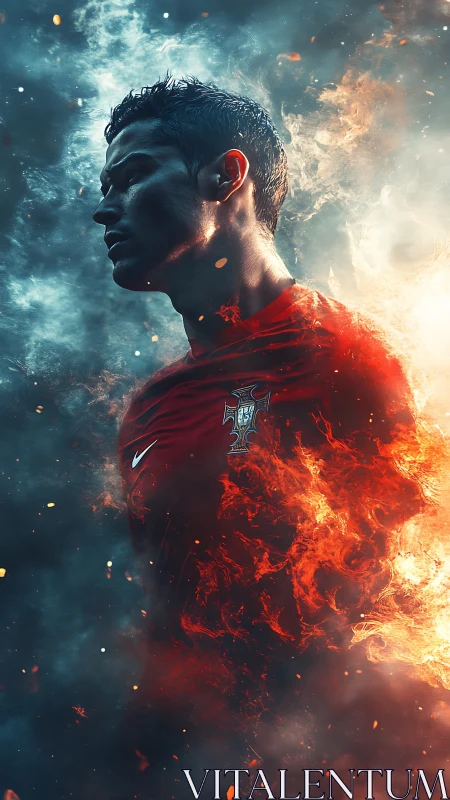Flame-forged footballer carves a path through stormy smoke