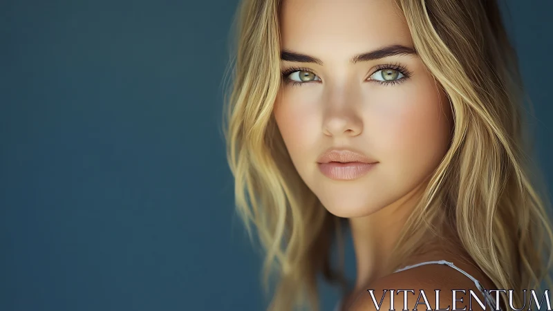 Soft gaze against blue backdrop, a quiet luminous portrait.