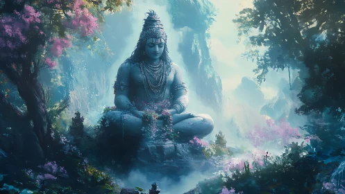 Large seated deity statue is rendered in misty forest setting
