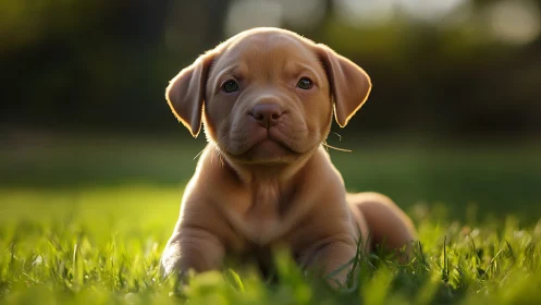 Young brown puppy lying on grass in soft outdoor light.