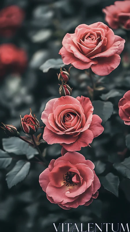 Coral Roses Unfold in Moody Garden Symphony.