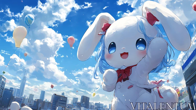 Giant blue‑haired rabbit mascot above modern cityscape.