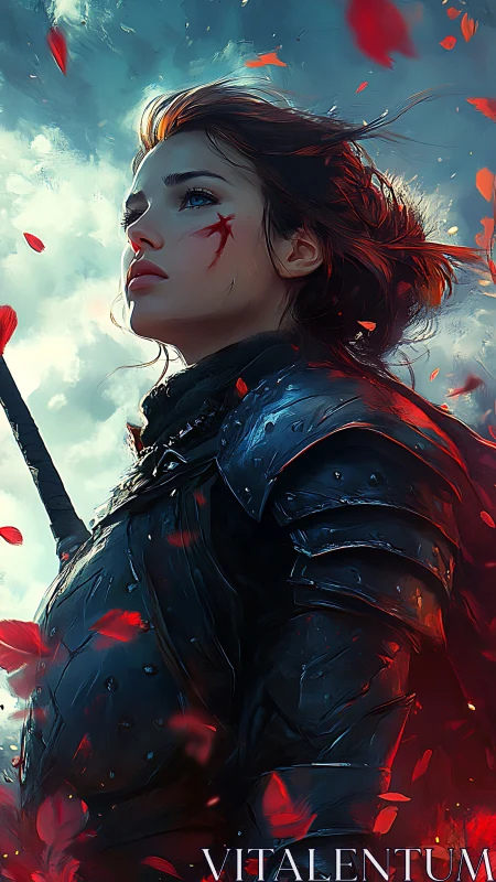 Armored warrior gazes skyward amid swirling crimson petals