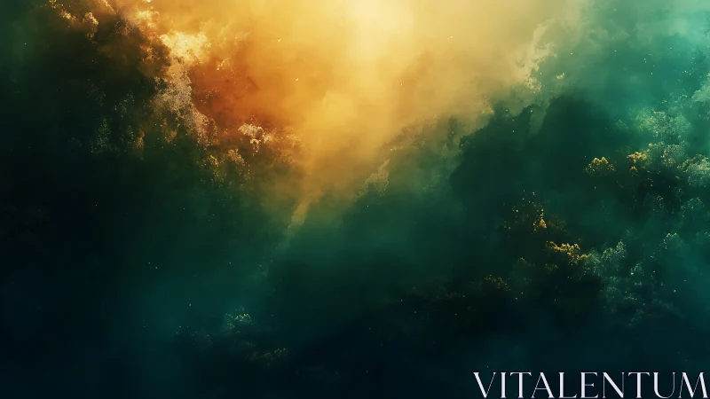 Dreamy golden nebula drifting through deep teal night.