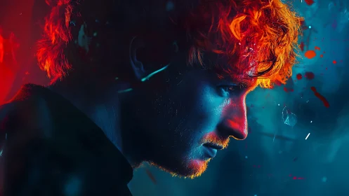 Chromatic side-profile portrait in dual-tone spectral lighting.