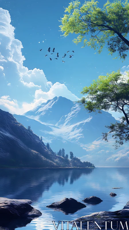 Mountain lake landscape with distant peaks under clear sky.