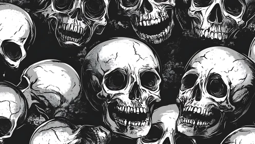 Monochrome illustration arranges overlapping human skull forms