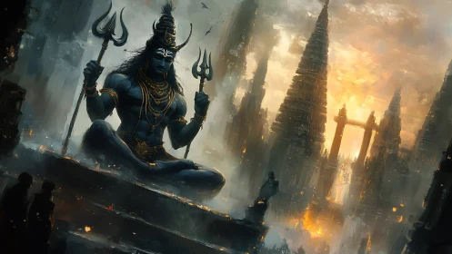 Mythic blue deity guarding burning temple city at dusk.