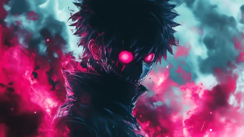 Masked anime figure with glowing eyes in neon smoke field.