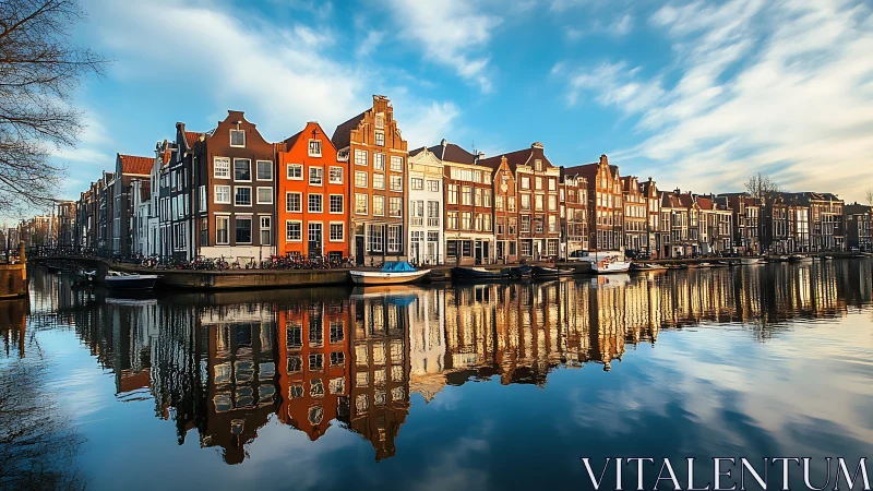 Colorful canal houses reflected in calm waterfront view.