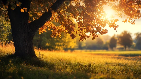 Autumn maple tree glowing in golden sunset meadow light.