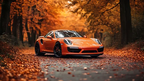 Autumn road daydream with a bright orange sports car.