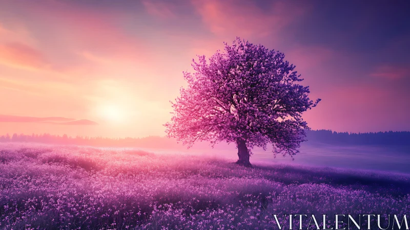 Solitary blossom tree bathing in dreamlit violet sunrise.