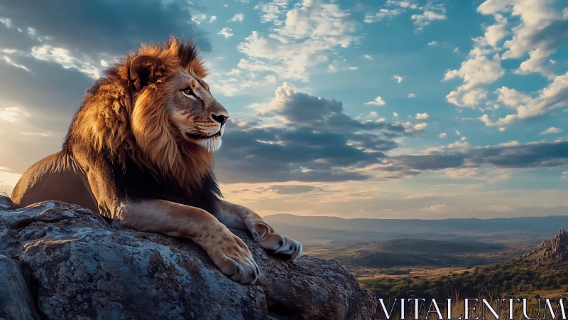 Majestic lion surveys vast savanna beneath glowing sky.