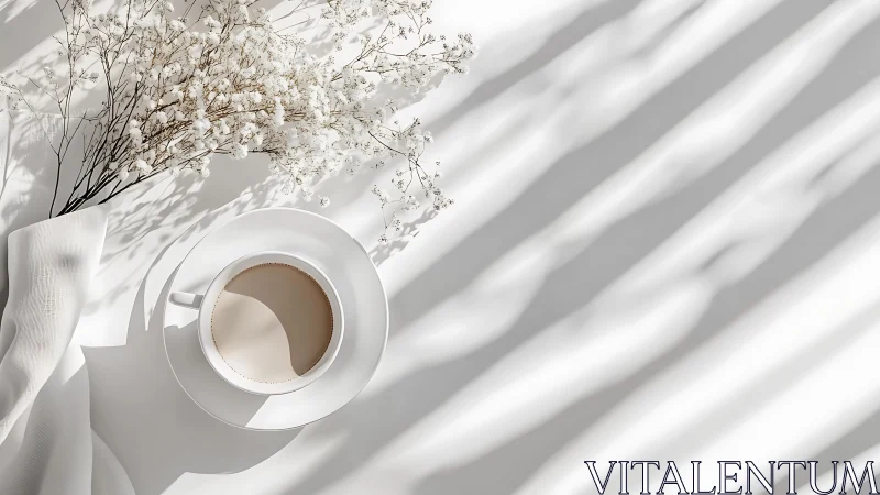 Soft morning coffee rests amid delicate floral shadows.