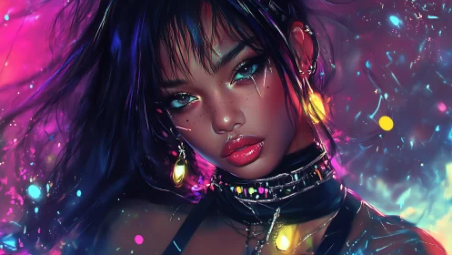 Neon-lit cyber siren in electrified chromatic haze.