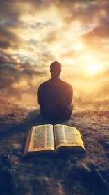 Backlit contemplative figure with illuminated open scripture text.