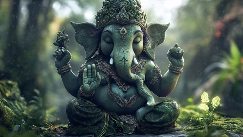 Emerald Ganesha statue sits serenely in misty forest glade