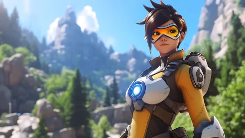 Energetic hero stands confidently in bright mountain sunshine