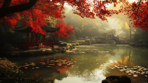 Golden autumn garden pond with peaceful red pavilion view.