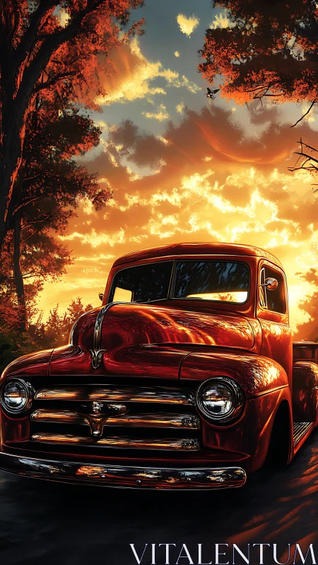 Digital painting of classic red pickup under blazing sunset sky.