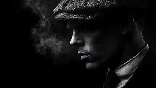 Smoke veils a stoic man in shadow-forged profile silence.