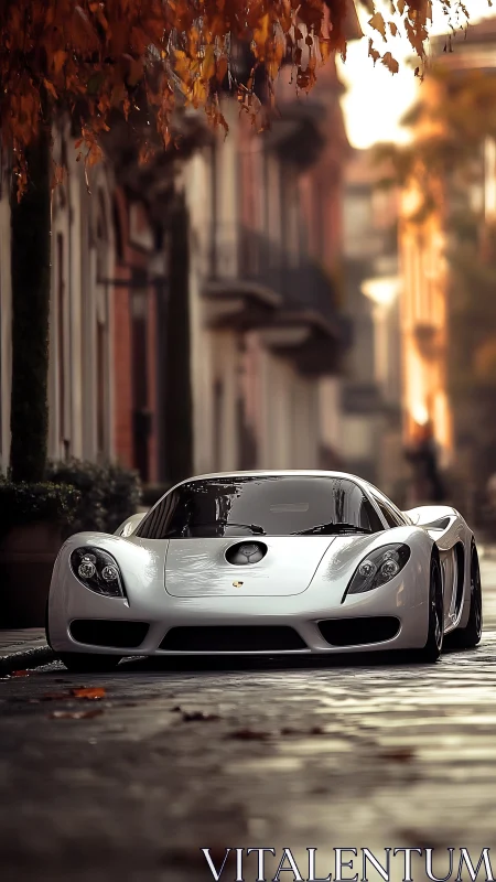 Silver sports car is parked on wet cobblestone street