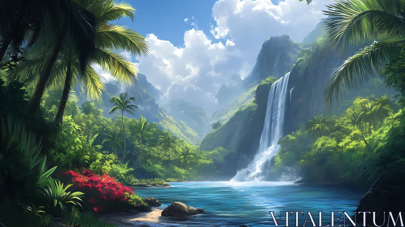 Tropical waterfall valley rendered with high dynamic foliage lighting