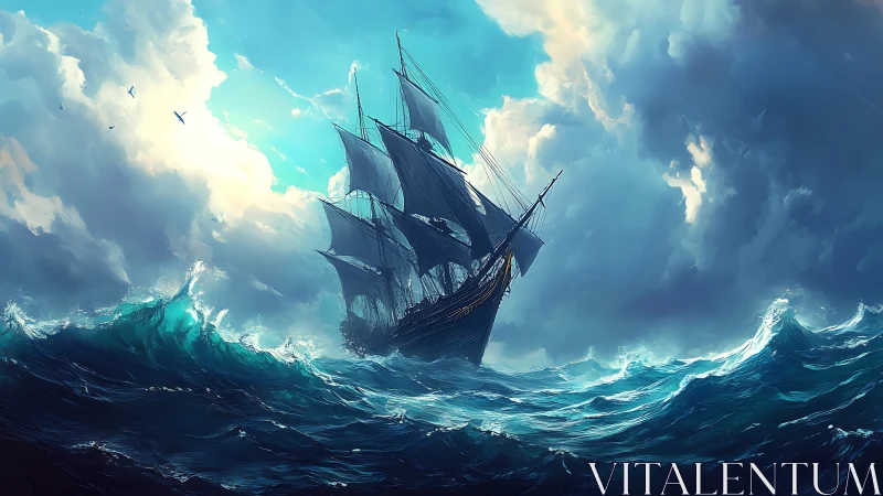 Storm-tossed galleon cutting through towering teal waves.