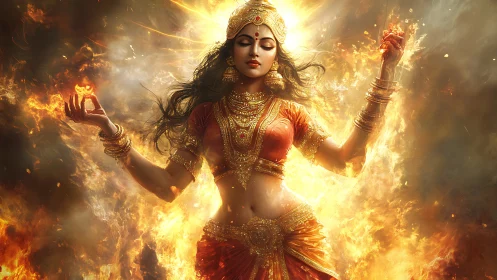 Hindu fire goddess emerges radiant within swirling flames.