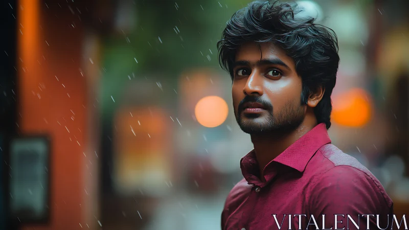 Gentle pause in the rain with city lights behind him.