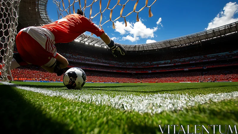 Goalkeeper’s last-second save under bright stadium skies.