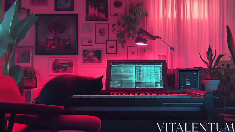 Home music studio desk with cat on keyboard in neon glow