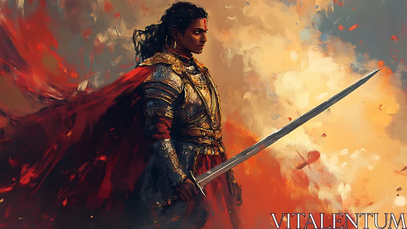 Armored warrior stands with sword against fiery backdrop