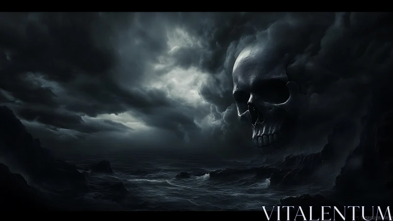 Storm-wreathed skull looms over a dark, haunted seascape.