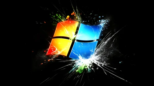 Windows logo with dynamic splash and particle effects.