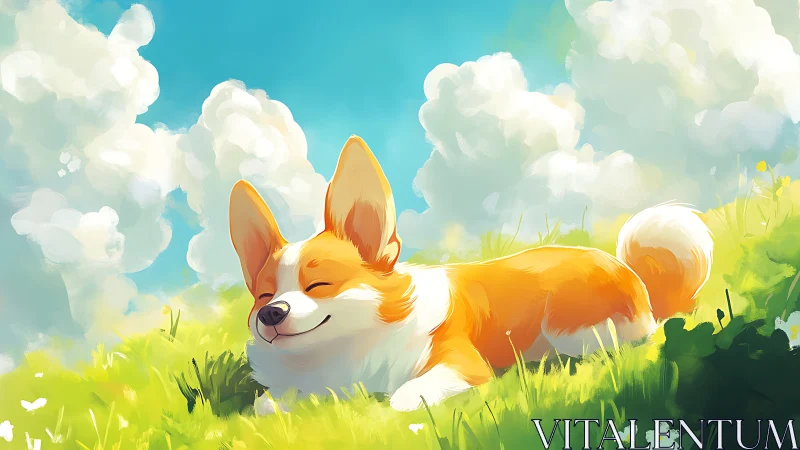 Orange and white corgi resting on grass under clouds.
