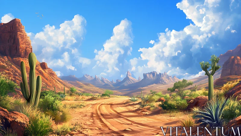 Sunlit desert canyon road winds toward distant rocky peaks