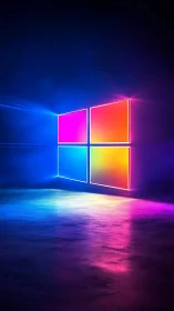 Neon glass pane quad with luminous floor reflections in dusk