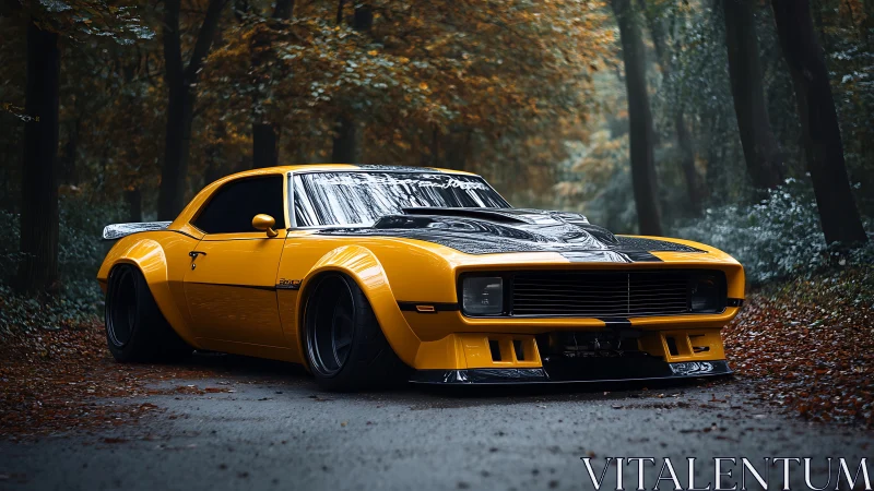 Autumn street beast, yellow muscle car prowling forest road.
