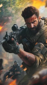 Bearded soldier aims assault rifle amid chaotic firefight
