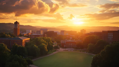 Sunlit academic campus skyline under dramatic golden clouds.