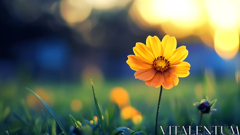Single yellow flower stands in shallow depth-of-field field