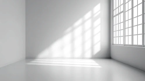 Empty white room with large grid windows and hard light shadows
