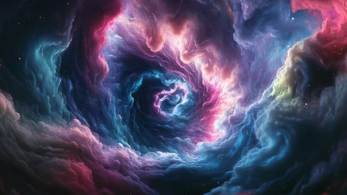 Spiraling cosmic nebula with luminous teal and magenta clouds.