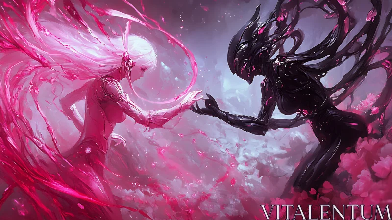 Cybernetic light and shadow figures meet in pink void.