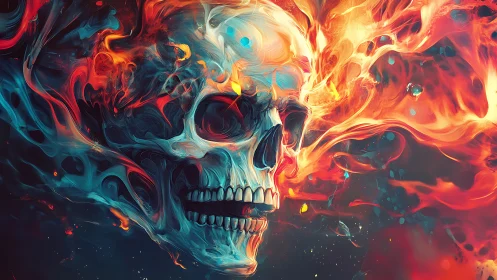 Flaming human skull with swirling abstract fire forms.