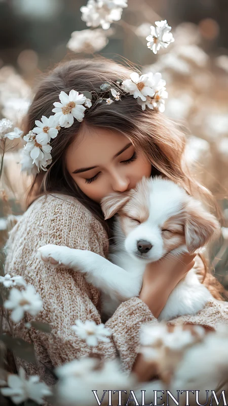 Girl with Floral Crown Embraces Sleeping Puppy